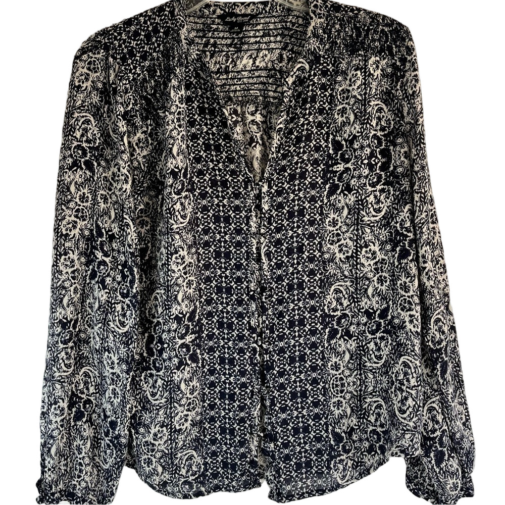 Lucky Brand Long Sleeve Blue Cream Blouse Top Button Up Peasant V-Neck Women's M
